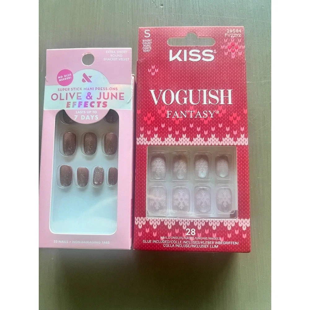 Olive & June Press On‎ Nails + KISS Pink Snowflakes Nails Opened Unused Lot